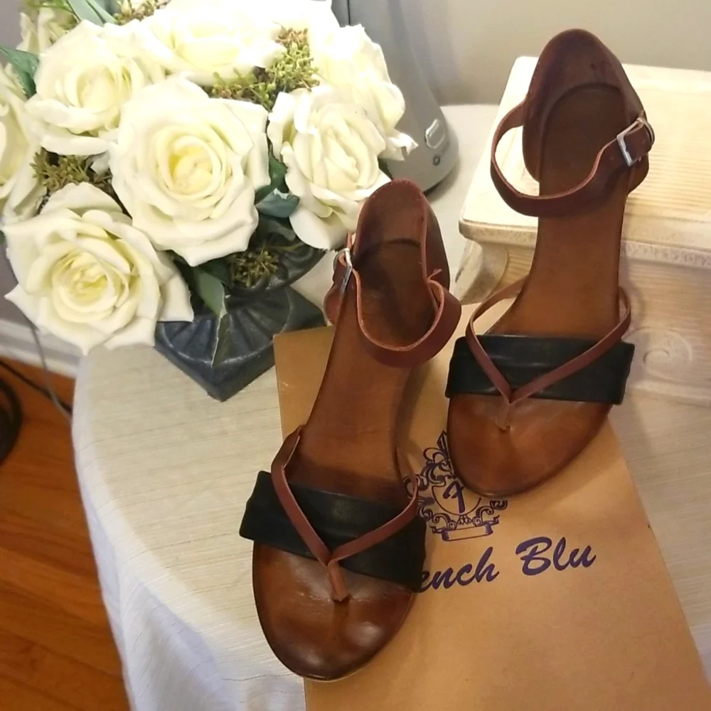 FRENCH BLU Leather Brown & Black Wedge Sandals Made In Turkey